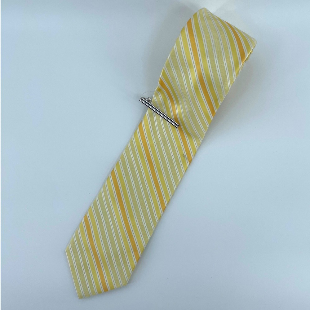 J.Ferrar Yellow Striped Tie with Tie Clip - Men's Necktie Business Casual Flaw